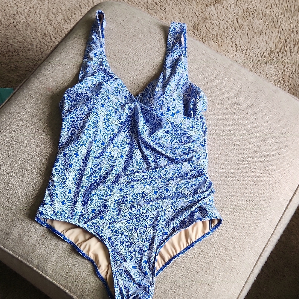 Coldwater Creek Beige and Blue 1 Piece Swimsuit